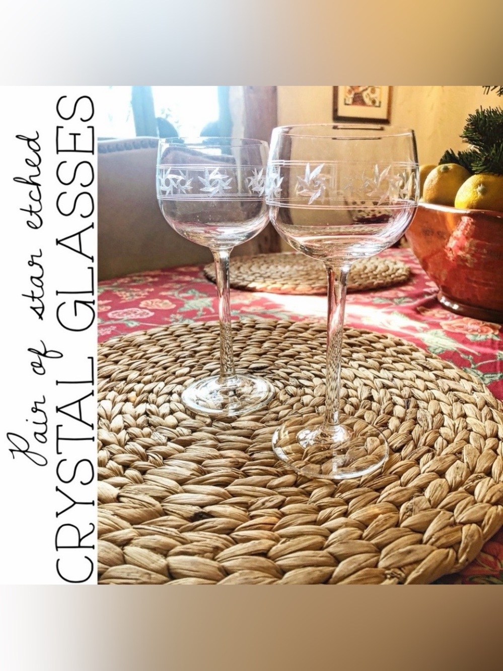 Pair of Spiral Star Etched Crystal Wine Glasses